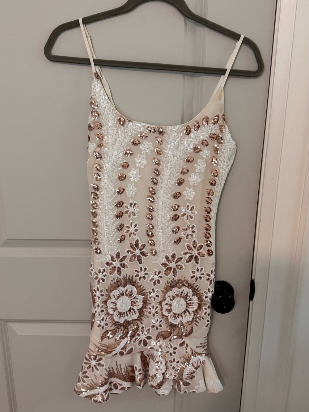 Selfie Leslie White Dress with Rose Gold Sequin Floral Design